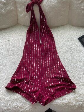 Wine Red Halter Romper with Silver Studs